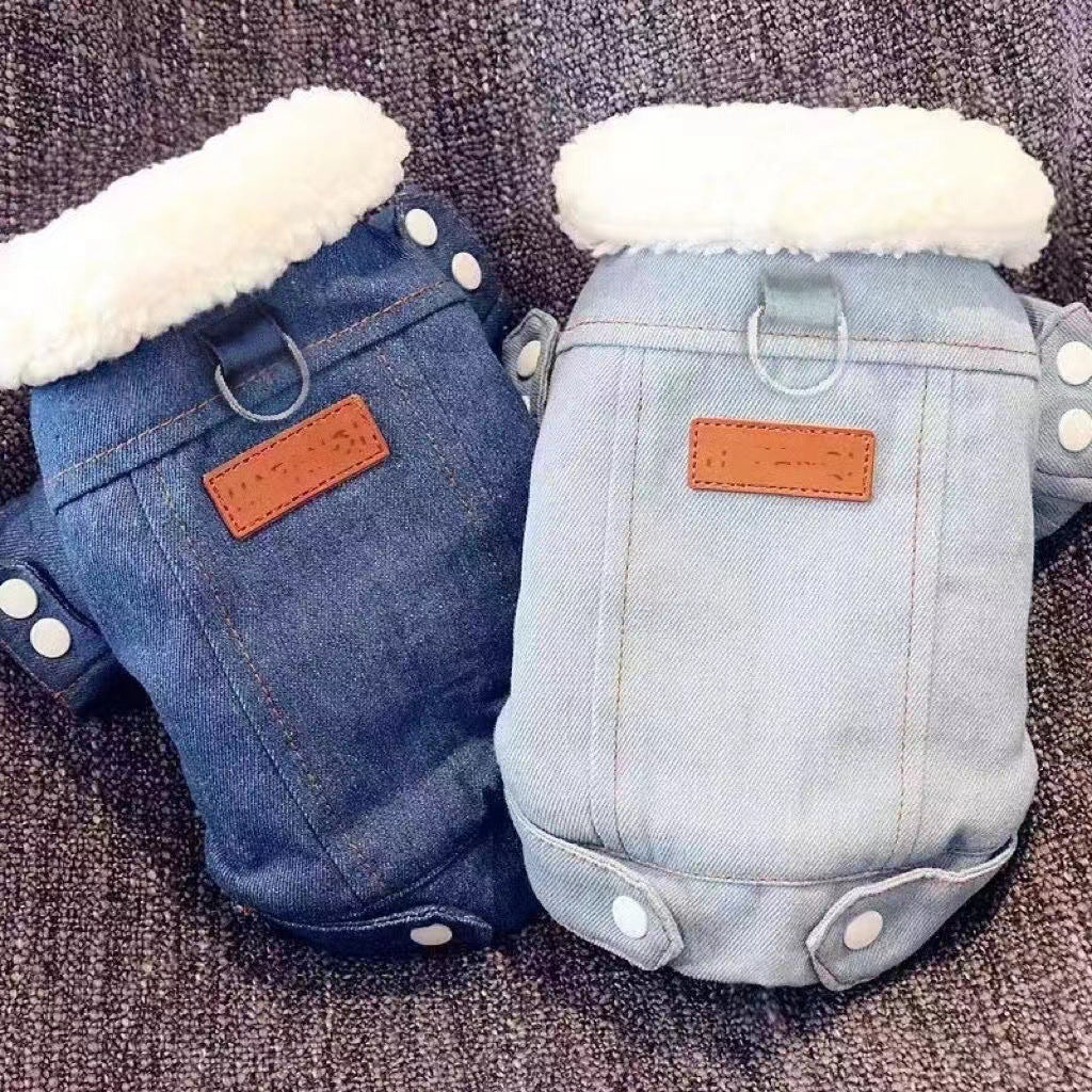 Vêtements en coton épais pour chiens Chihuahua, en denim bleu et bleu clair, avec doublure en fausse fourrure.