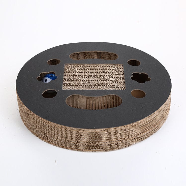 Planche à gratter en carton ondulé pour chat avec design interactif et cloche intégrée pour le divertissement des félins.