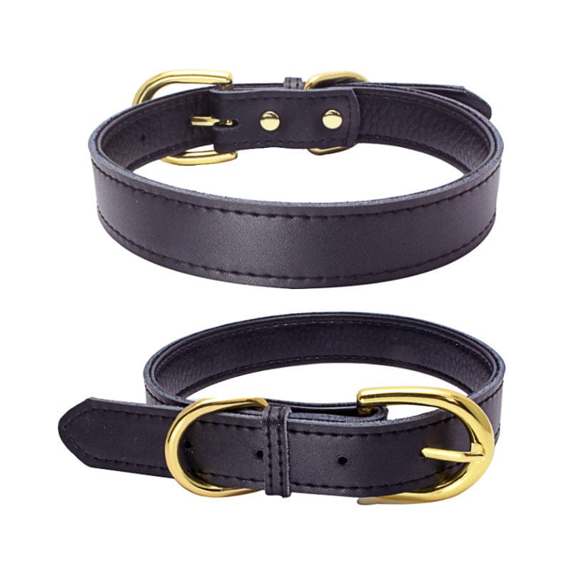 Collier en cuir noir pour animaux avec boucle dorée, idéal pour chiens et chats, alliant confort et style.