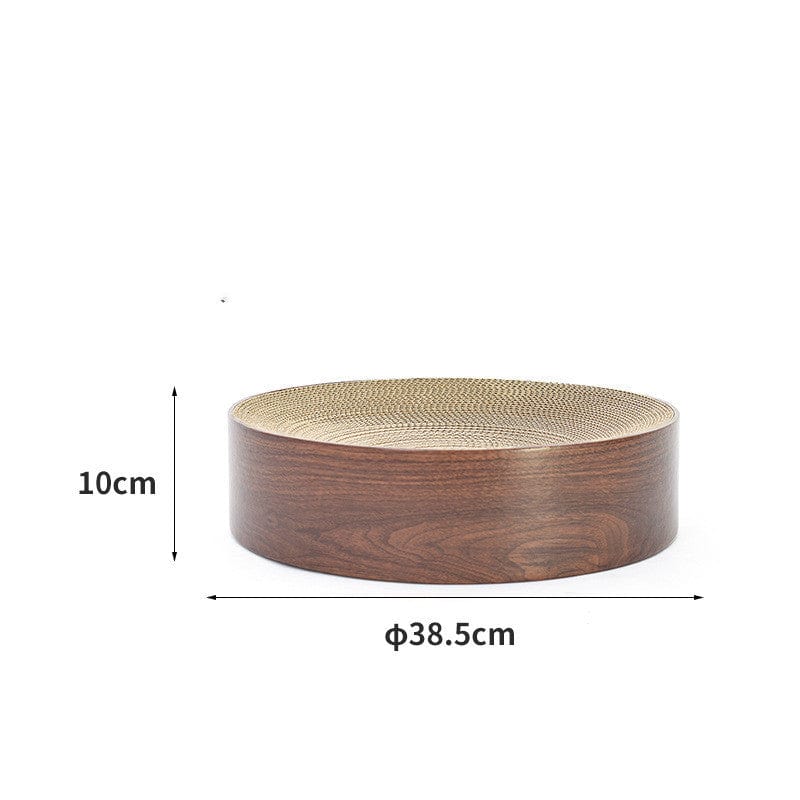 Griffoir rond en carton ondulé pour chat, dimensions 38.5cm de diamètre et 10cm de hauteur, finition en bois.