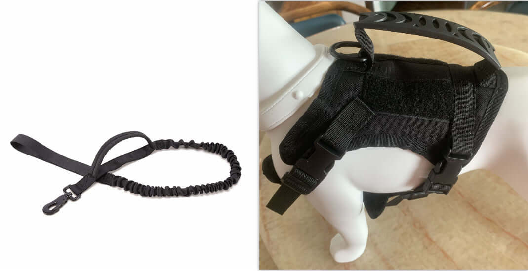 Harnais de poitrine noir pour chien avec corde de maintien ajustable, idéal pour sécurité et confort.