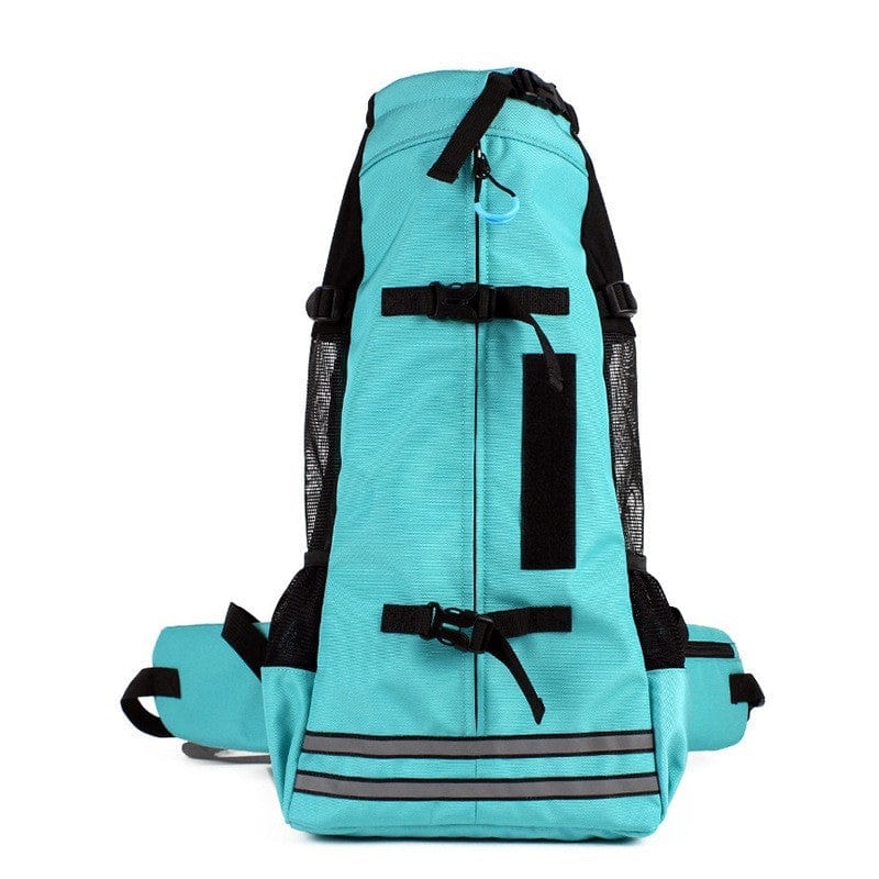 Sac à dos respirant pour animaux, couleur turquoise, avec sangles et maille pour confort et respire.