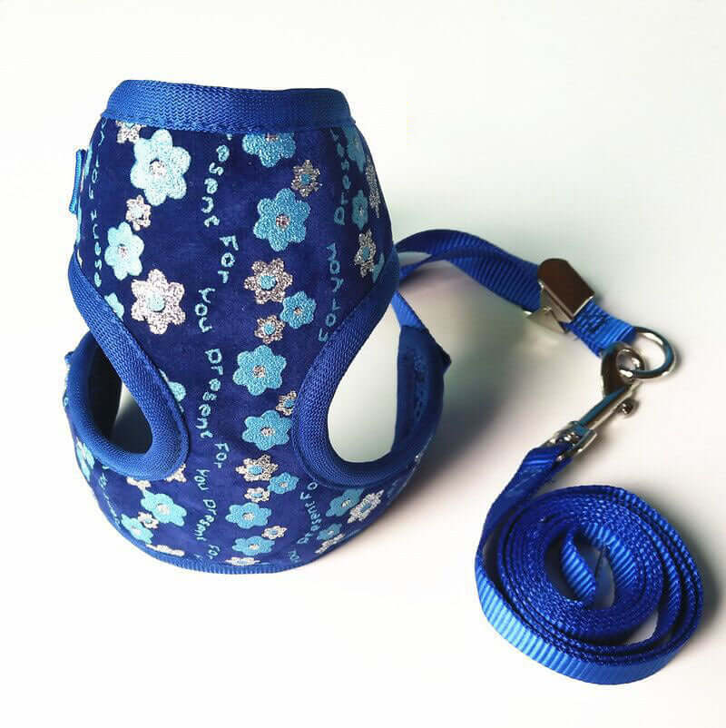 Laisse pour petit chien avec motif floral en polyester, idéale pour promenades sécurisées.