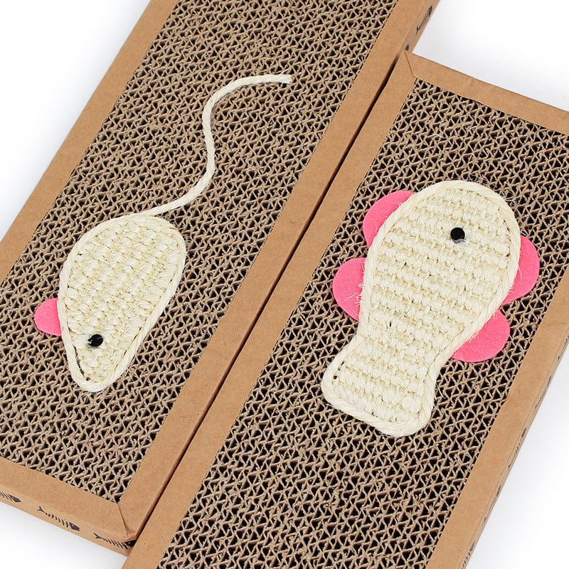 Planche à gratter plate en sisal pour chats avec motifs de souris et patte, idéale pour affûter les griffes.