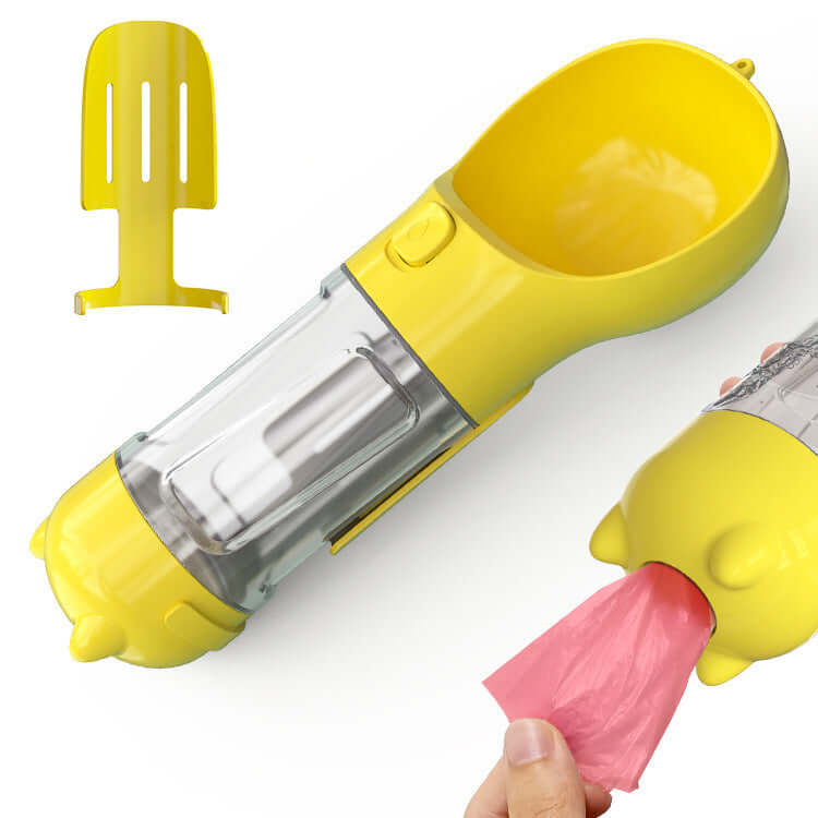 Bouteille d'eau portable pour animaux 3 en 1, design pratique et compact, couleur jaune, avec accessoire pour sacs.