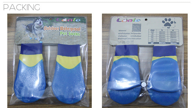 Bottines imperméables pour chiens, pack contenant 2 chaussons extérieurs, couleur bleue et jaune.