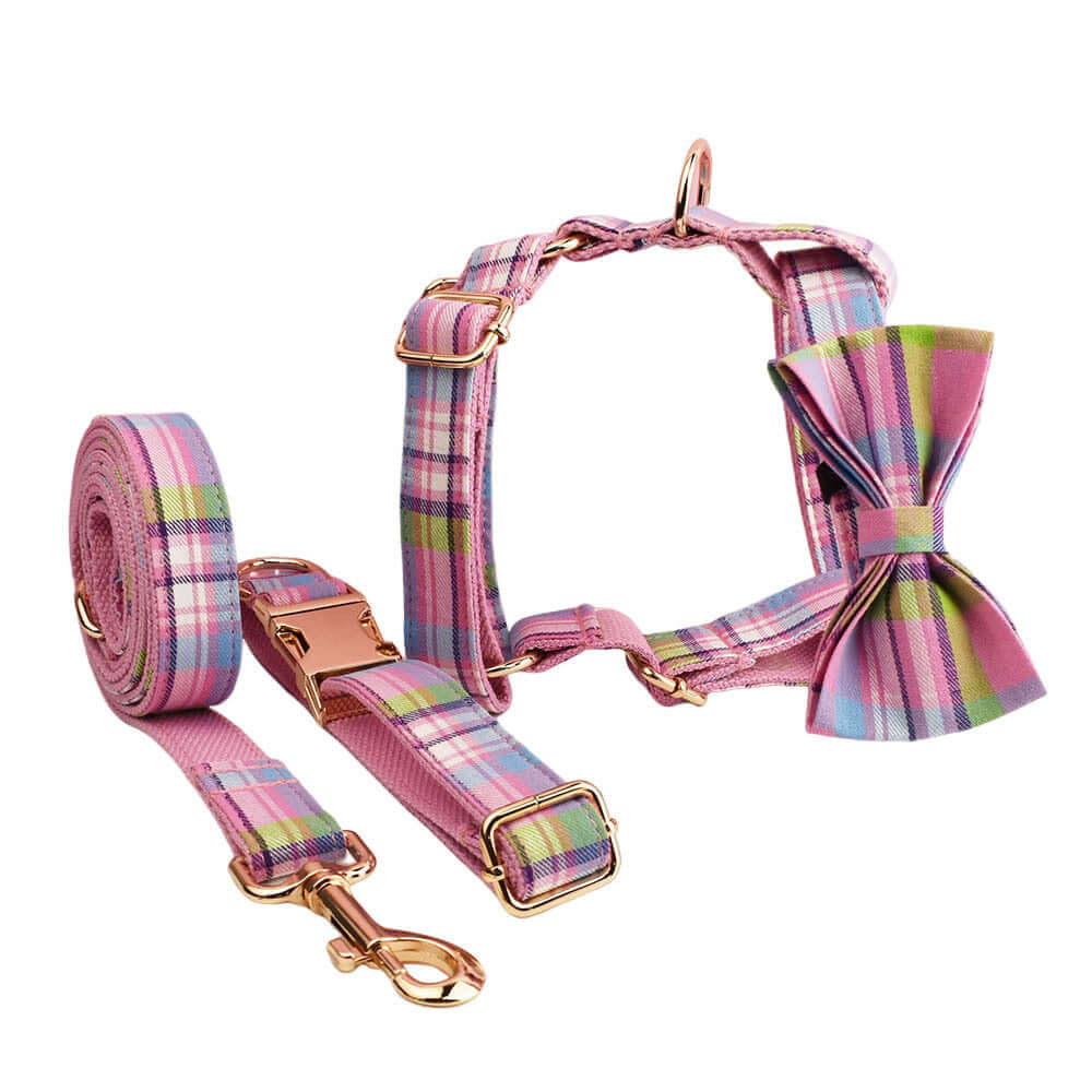 Collier pour chien en tissu à carreaux colorés avec laisse assortie et nœud élégant.