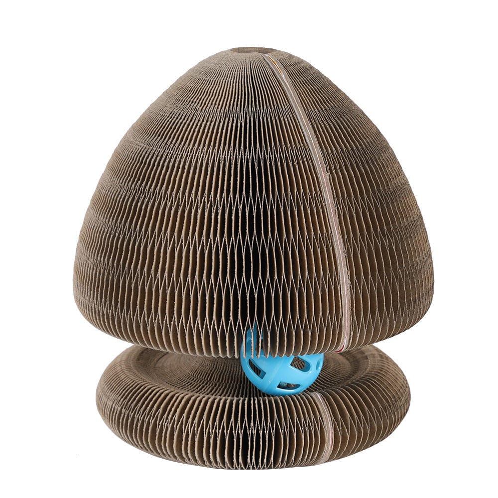 Planche à gratter magnétique en papier ondulé pour chat avec boule bleue, coloris beige, accessoire ludique pour animaux.