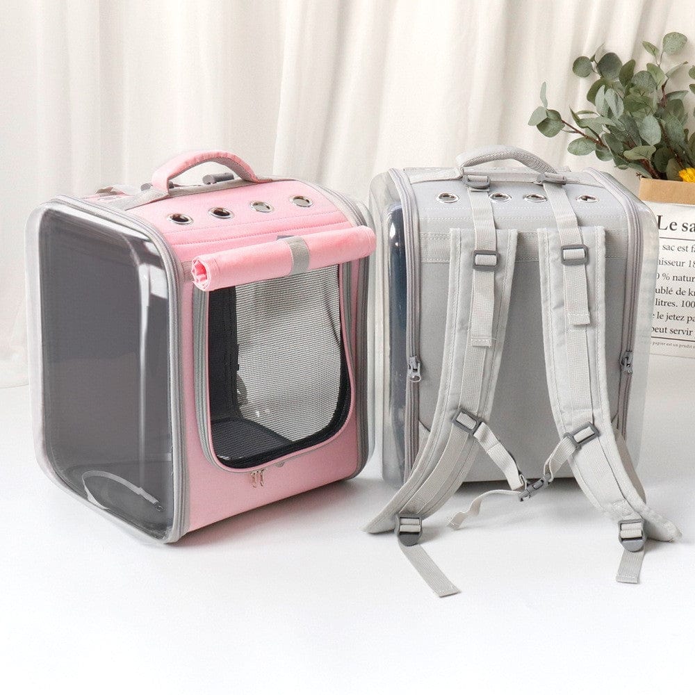 Sac à dos portable pour chat en rose et gris, idéal pour transporter votre animal en toute sécurité.