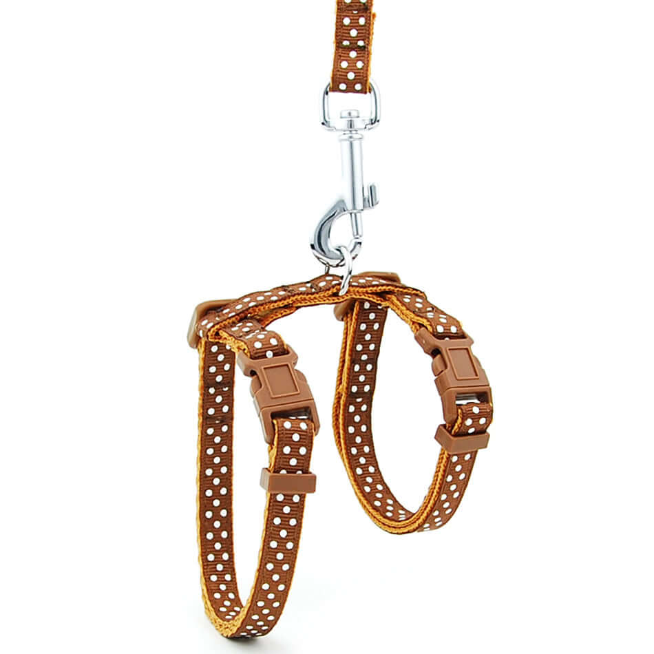 Laisse anti-rupture pour chat en nylon marron avec attaches sécurisées, parfaite pour les sorties en extérieur.