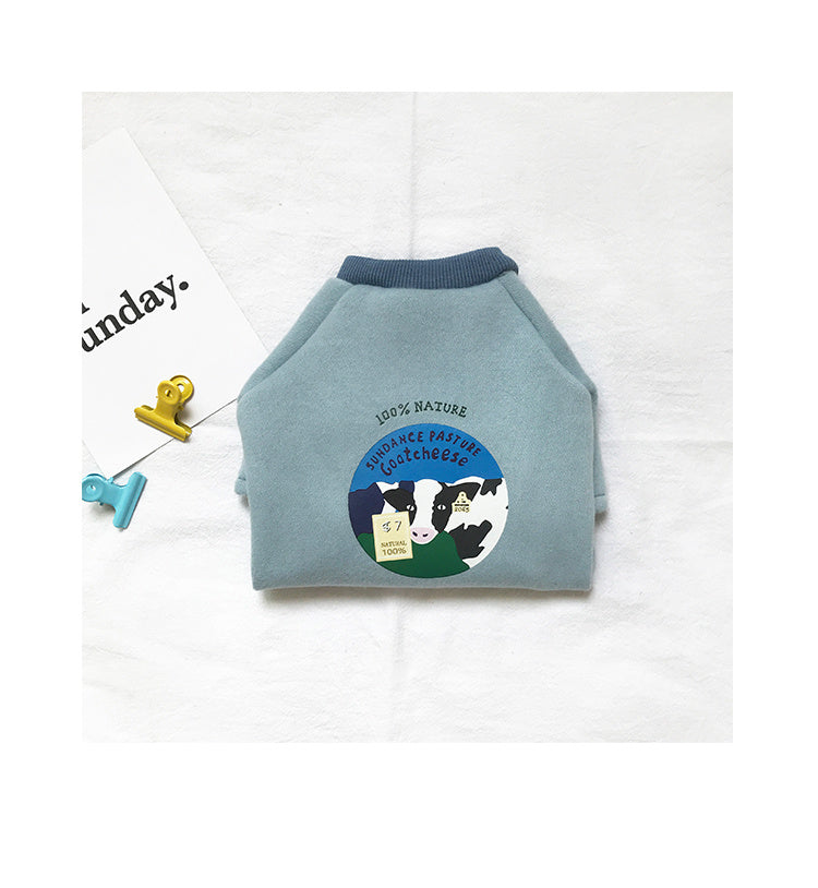 Pull confortable pour chat de petite taille en coton bio, couleur bleu, avec motif vache.
