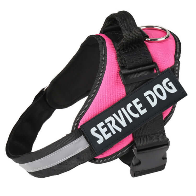 Pink service dog harness with reflective strips and strong stainless steel ring for secure traction.