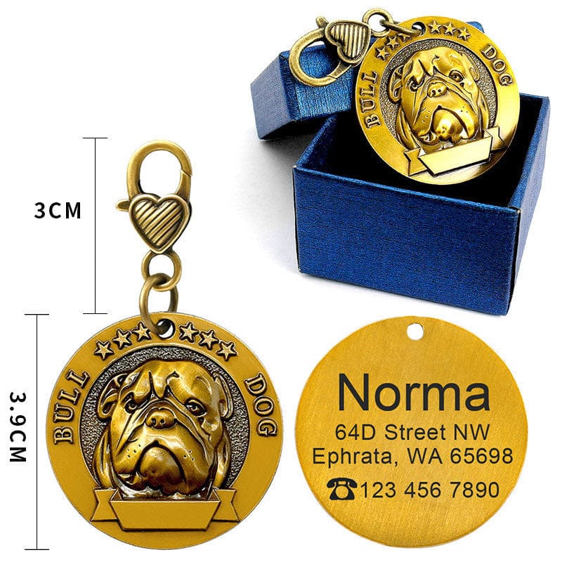 Plaque d'identité en métal pour chien Bull Dog, gravée avec style, présentée dans une boîte bleue.