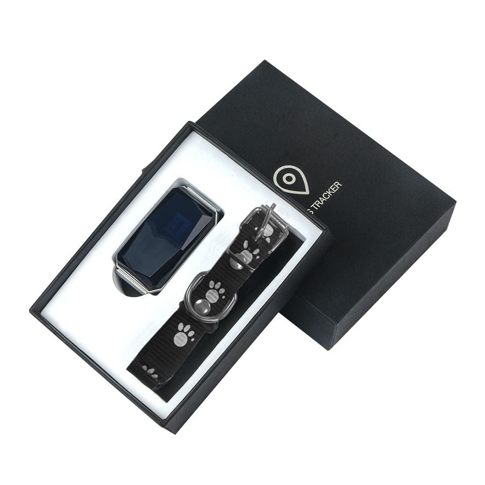 Traceur GPS multifonctionnel pour animaux avec collier à motifs, emballé dans une boîte élégante.