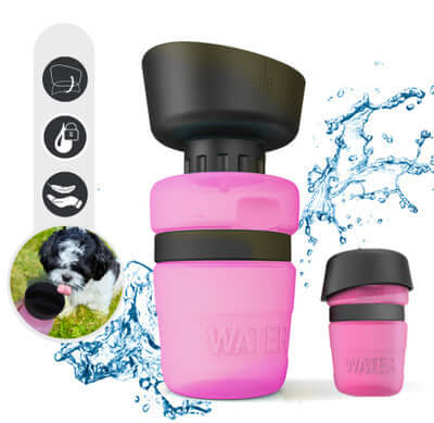 Bouteille d'eau pliable rose pour chien avec distributeur pratique, idéale pour les voyages et l'hydratation des animaux.