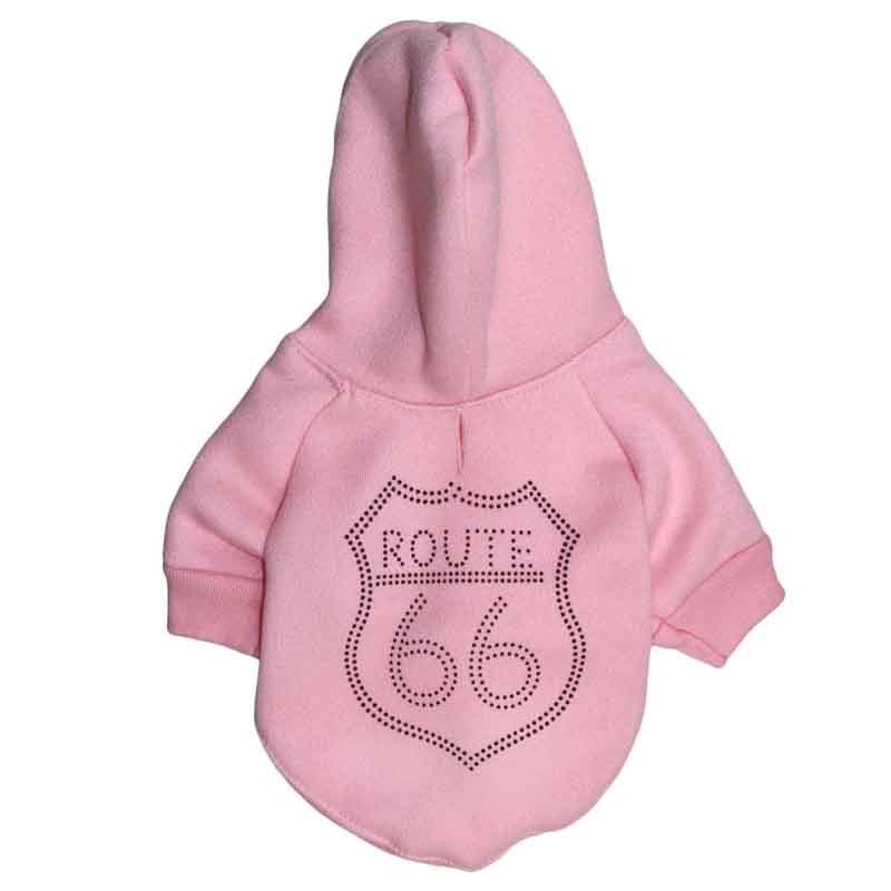 Haut en fleece rose pour animaux de compagnie avec capuche et motif Route 66, confortable et décontracté.