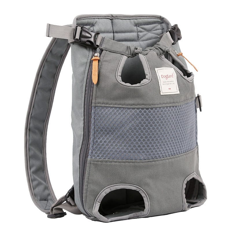Sac à dos pour animaux en toile grise avec maille et poches, idéal pour transporter votre compagnon.