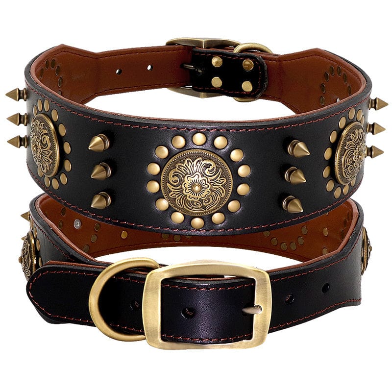 Collier pour chien large noir avec studs dorés, alliant style et sécurité pour animaux de compagnie.