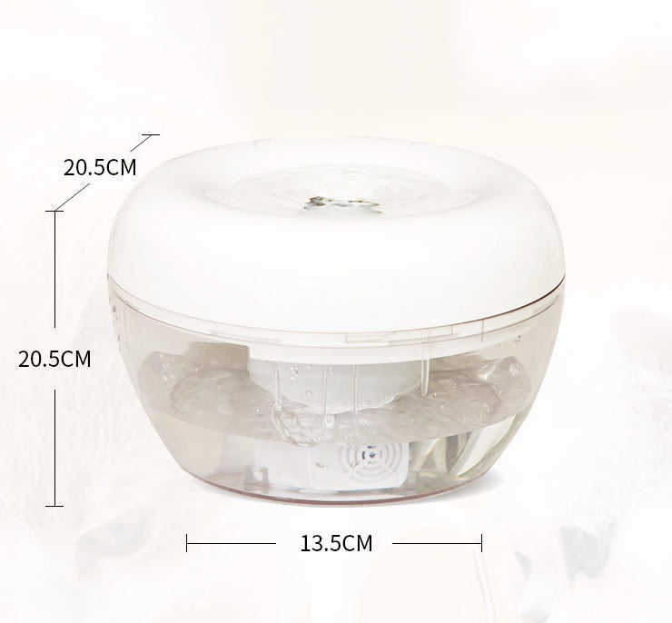 Distributeur d'eau purificateur automatique pour animaux, design élégant, capacité 1,5L, dimensions 20,5 x 20,5 x 13,5 cm.