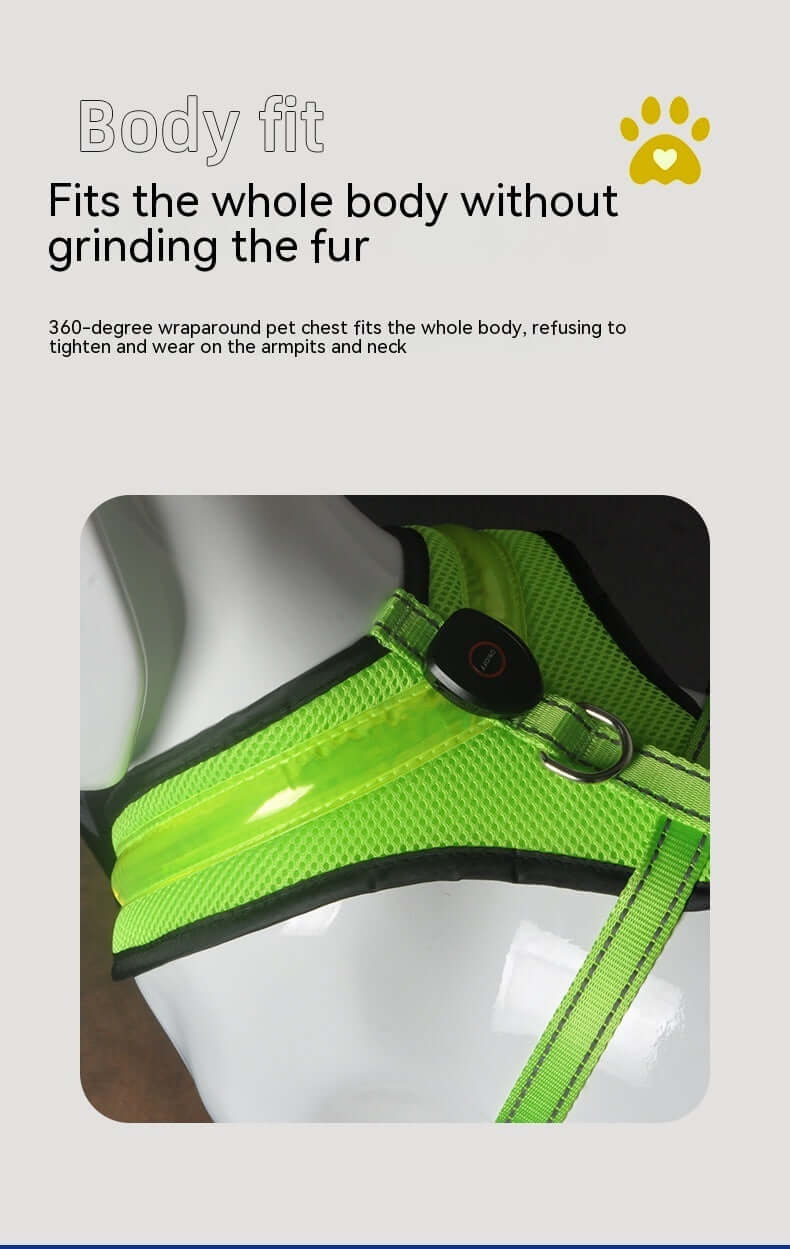 Harnais LED lumineux pour chien, ajustement parfait sans gêne pour le pelage, en tissu vert néon.