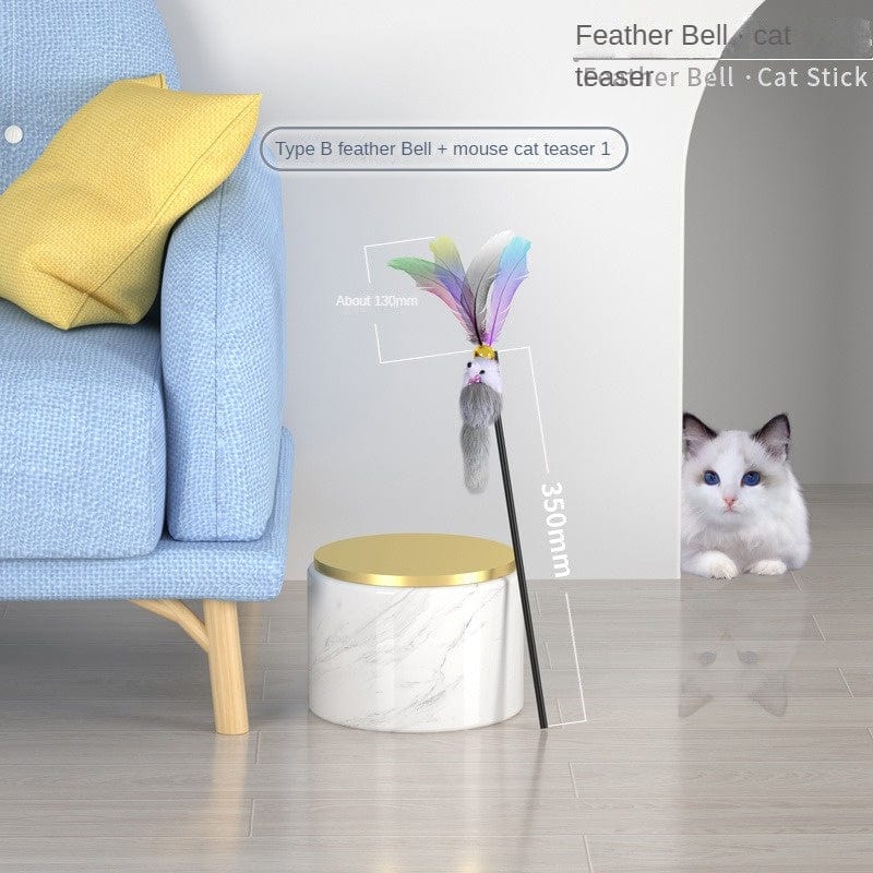 Feather cat teaser with colorful feathers near a couch, ideal interactive toy for playful cats.