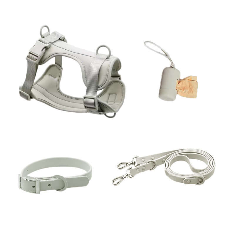 Ensemble d'harnais pour chien en PVC avec laisse et accessoires, couleur blanche.
