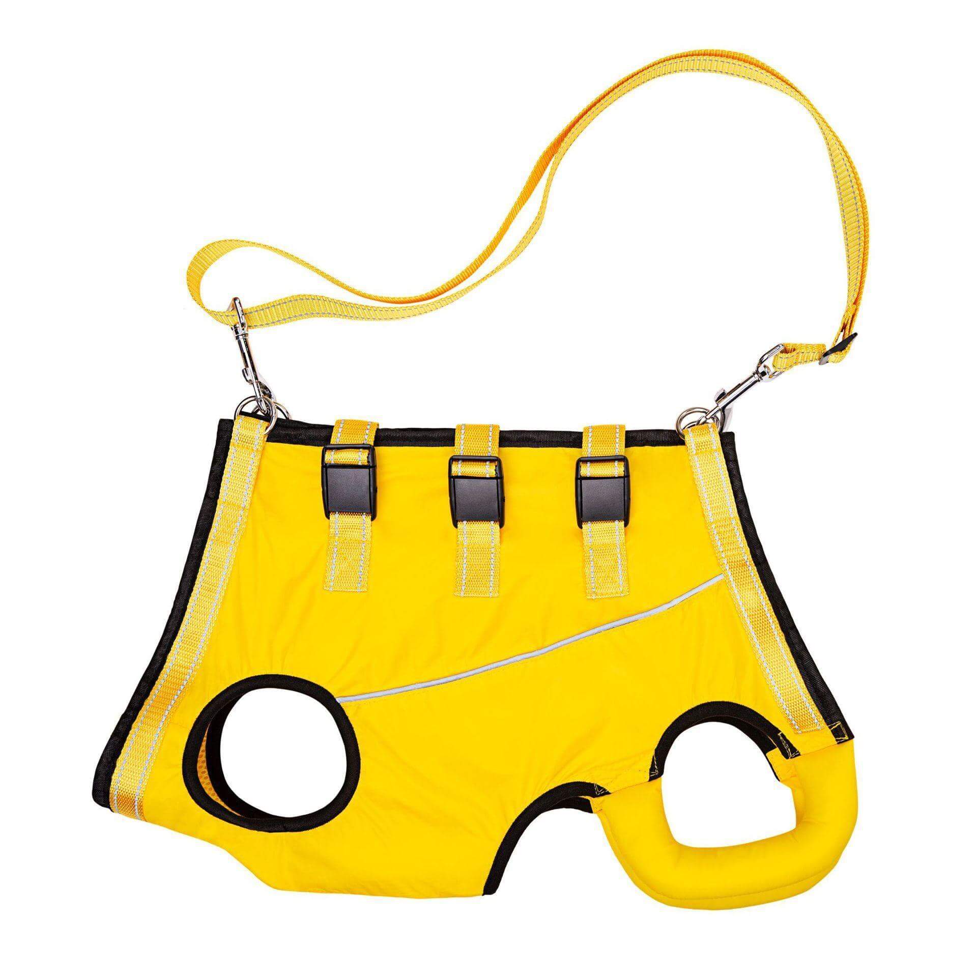 Ceinture auxiliaire pour chiens âgés en jaune, avec poignée et attaches pour un soutien optimal.
