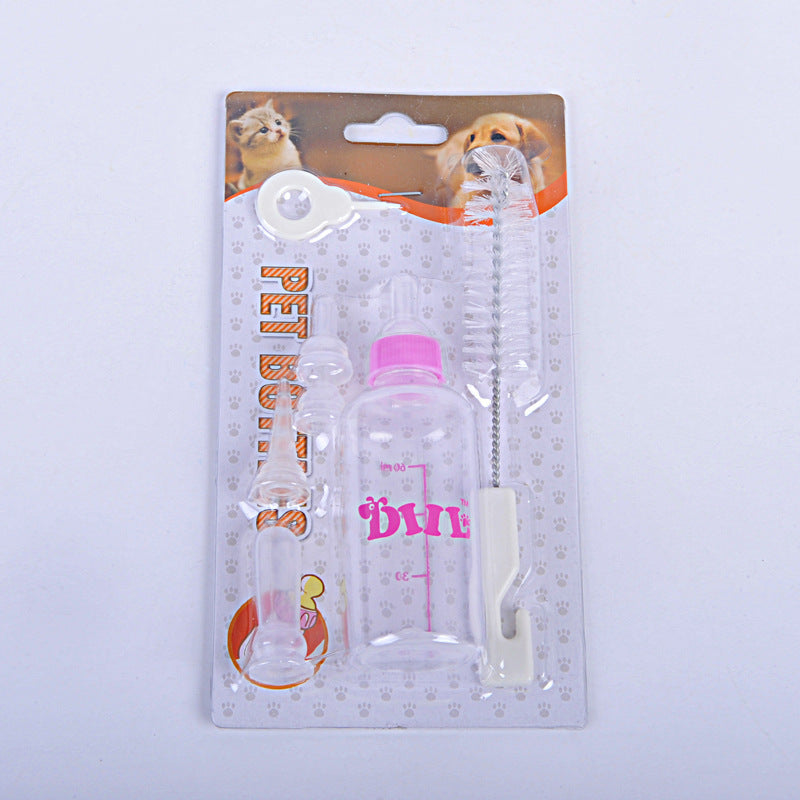 Bouteille d'eau pour animaux avec tétine, adaptée pour chiens et chats, inclut accessoires utiles.
