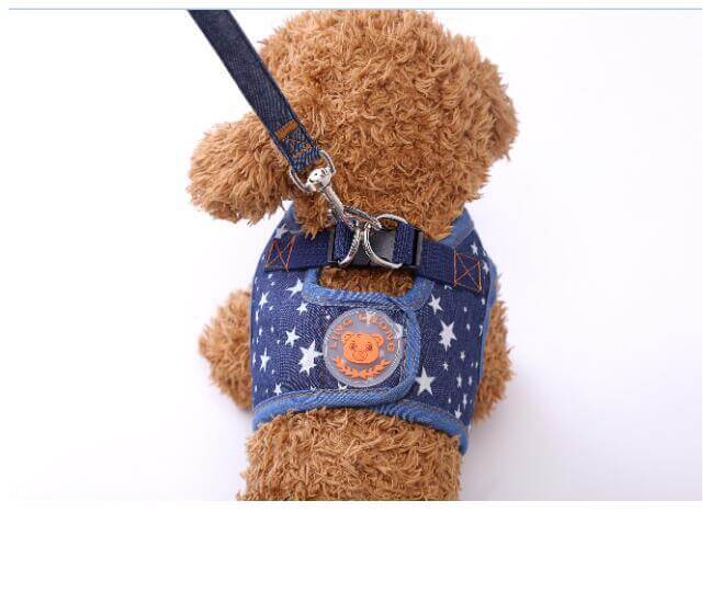 Gilet de randonnée bleu à étoiles pour chien avec sangle de protection et laisse, offrant confort et sécurité.