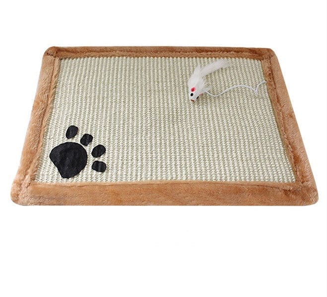Tapis à griffes élégant pour chat en matériau durable avec motif de patte et souris interactive.