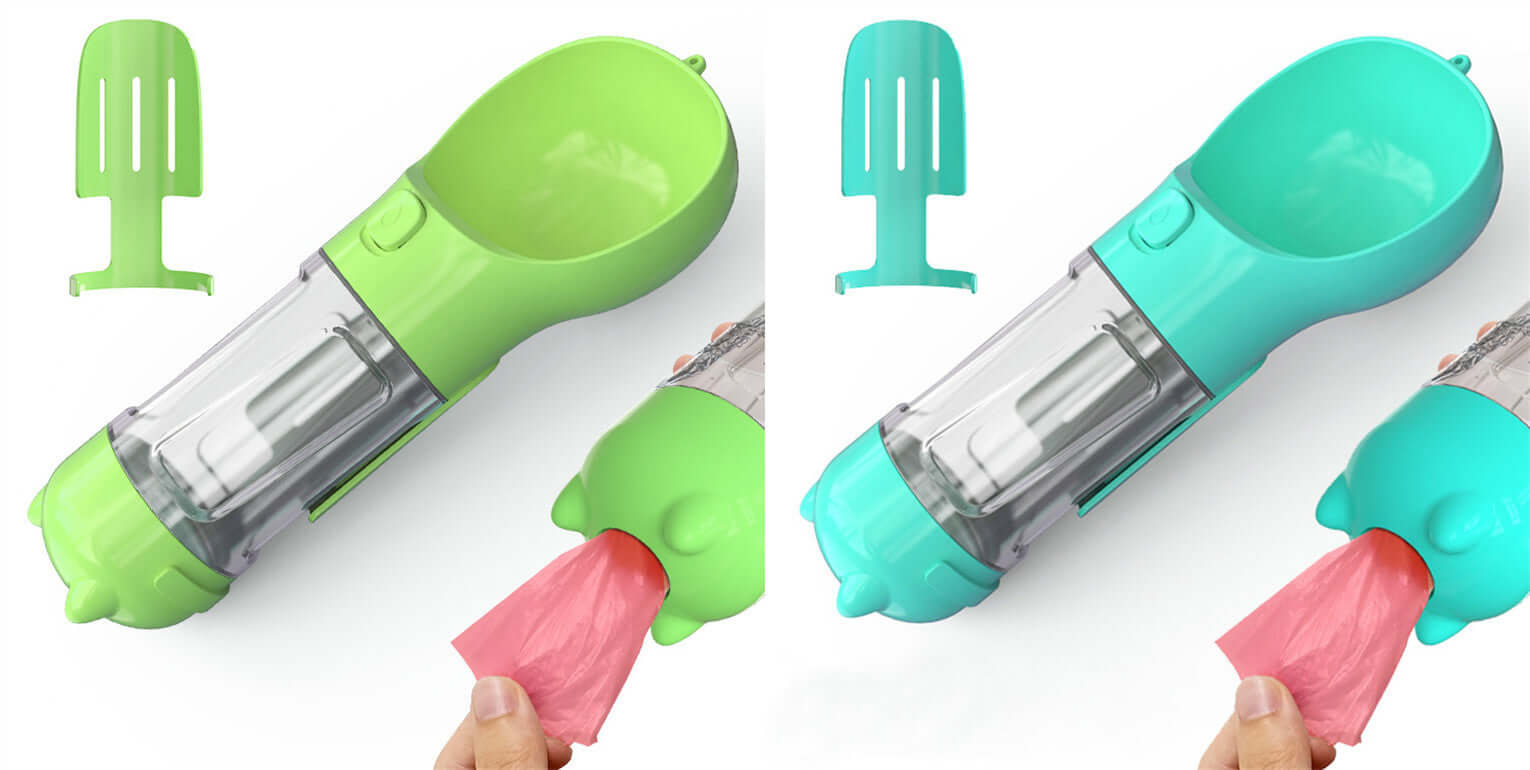 Bouteille d'eau portable 3 en 1 pour animaux avec accessoire de distribution, en vert et bleu.