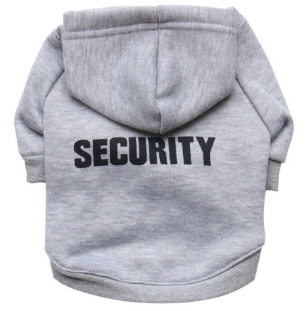 Pull à capuche en polaire pour chien gris avec inscription 'SECURITY' au dos.