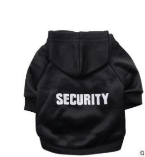 Pull à capuche noir pour chien avec inscription 'SECURITY', idéal pour les promenades et le confort.