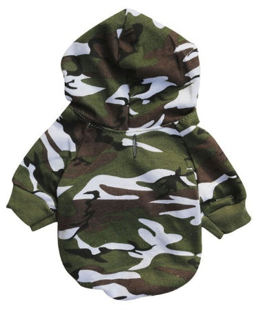 Pull à capuche en polaire camouflage pour chien, parfait pour garder votre animal au chaud.