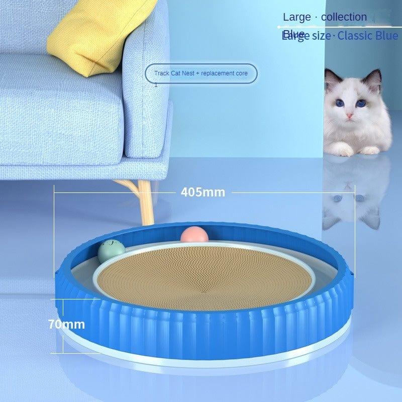 Planche à gratter ronde pour chat en bleu, avec balle, tapis en papier ondulé, idéale pour protéger les meubles.
