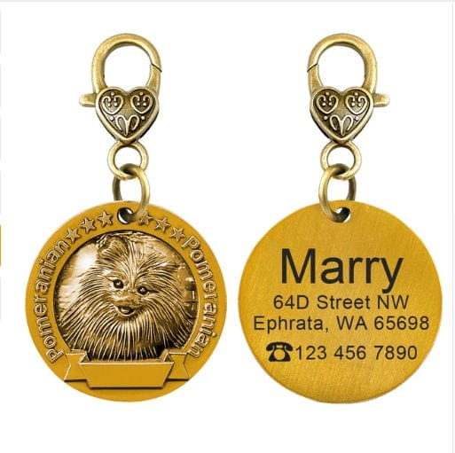 Porte-Identité Personnalisé en Bronze pour Chien avec gravure de Pomeranian et informations de contact.