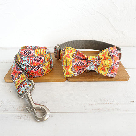 Ensemble collier et laisse pour chien avec un nœud papillon coloré et motif Funkadelic sur un support en bois.