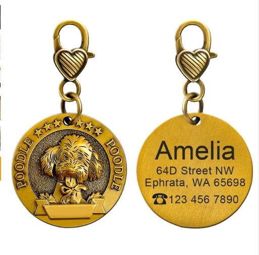 Porte-Identité en bronze personnalisable pour chien avec gravure et anneau de cœur.