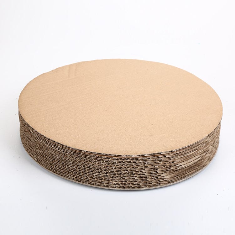 Planche à gratter en carton ondulé pour chat, design rond adapté aux griffes des félins.