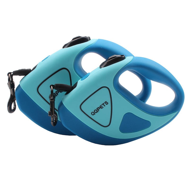 Laisse rétractable automatique pour chien avec LED de sécurité, design ergonomique et confortable en bleu.