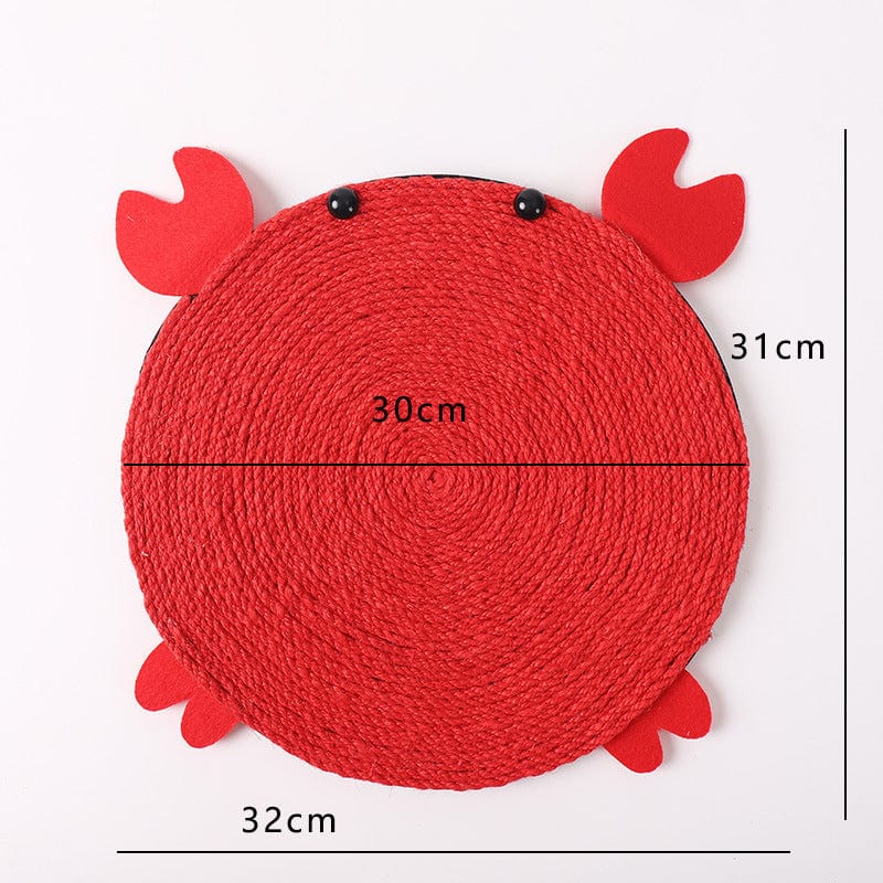 Tapis à gratter en forme de crabe rouge, dimensions 30cm x 31cm, décor amusant pour chats.
