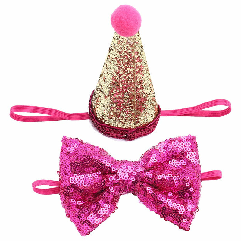 Nœud papillon en sequins rose avec chapeau de fête, accessoires pour chiens, élégant et festif.
