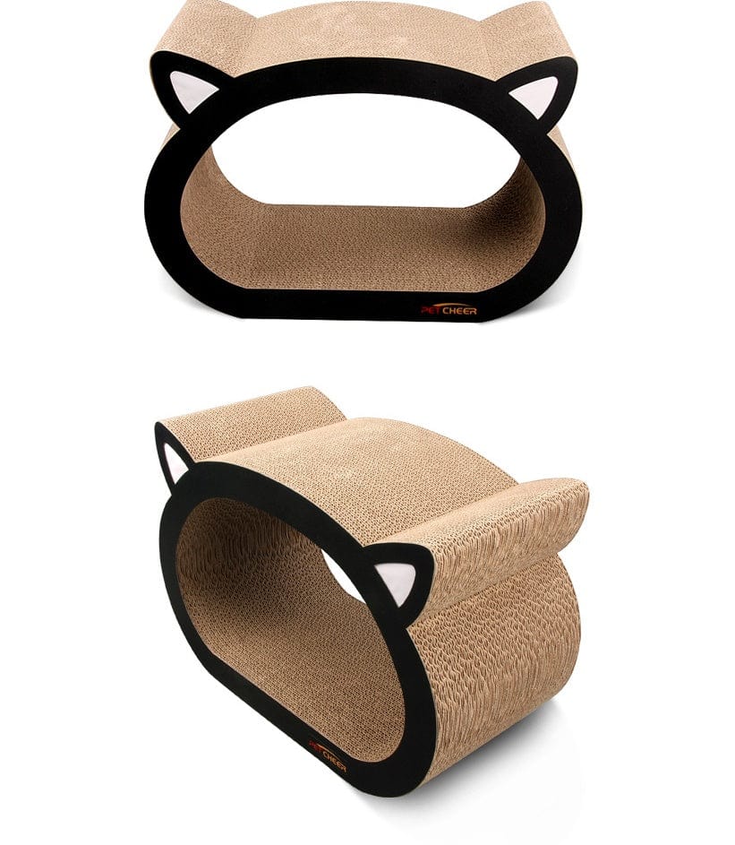 Planche à gratter en forme de tête de chat en papier ondulé, idéale pour les griffes de votre félin.