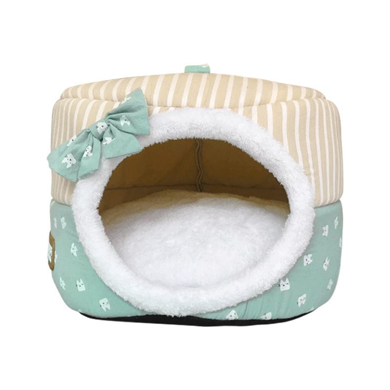 Cocon de chaleur pour chat en forme de yourte, style automne/hiver, conçu pour le confort et la sécurité des félins.