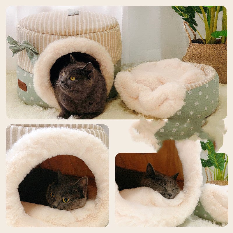Litière universelle pour chat en forme de yourte, offrant chaleur et confort en automne/hiver.