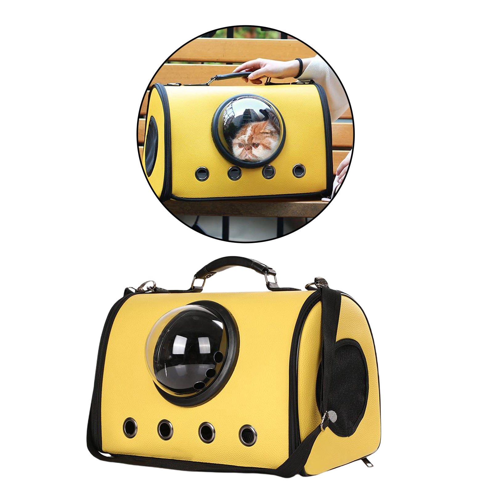 Sac à dos pour animaux de compagnie en jaune avec fenêtre transparente et ventilation, idéal pour chiens et chats.