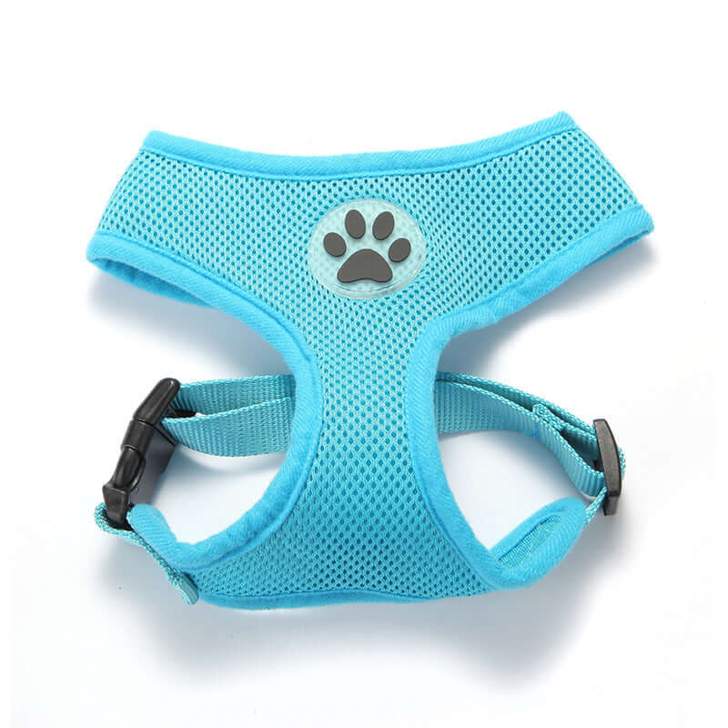Harnais de poitrine en maille respirante bleu pour animaux, léger et ajustable, parfait pour les promenades.