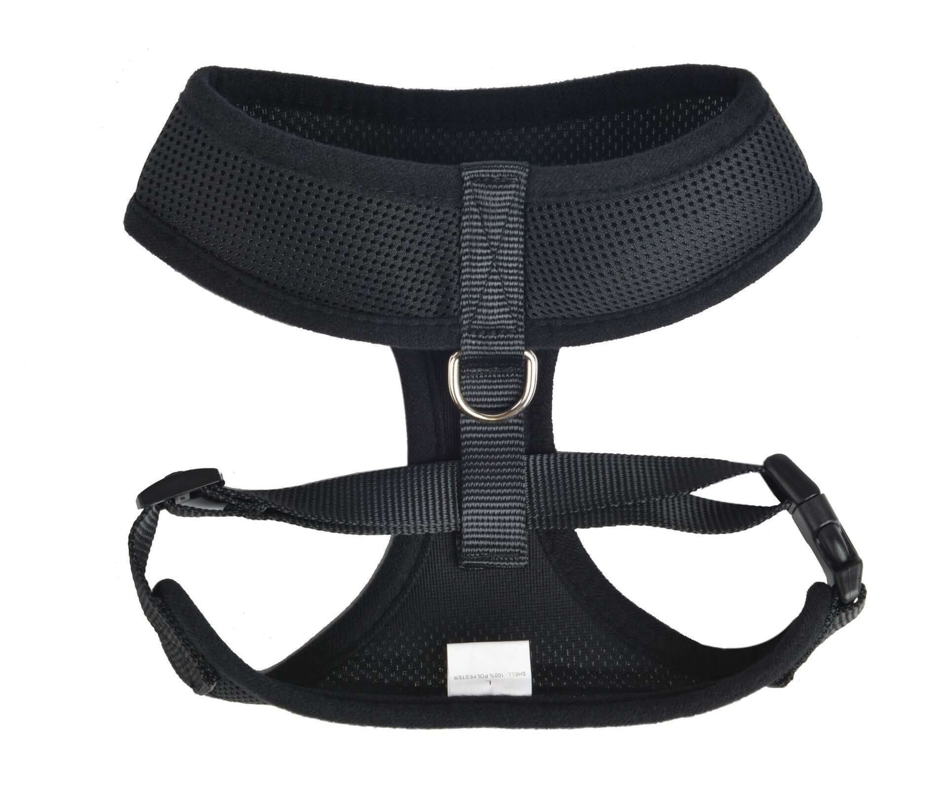 Harnais de poitrine en maille respirante noir pour animaux, léger et ajustable, idéal pour les promenades.