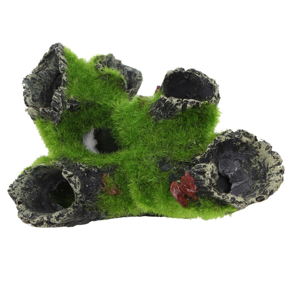 Décoration aquarium en résine avec mousse verte, idéale pour créer un habitat naturel pour poissons et crevettes.