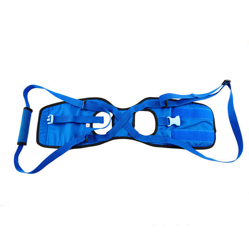 Harnais d'assistance bleu pour chien handicapé, conçu pour le confort et le soutien des animaux.